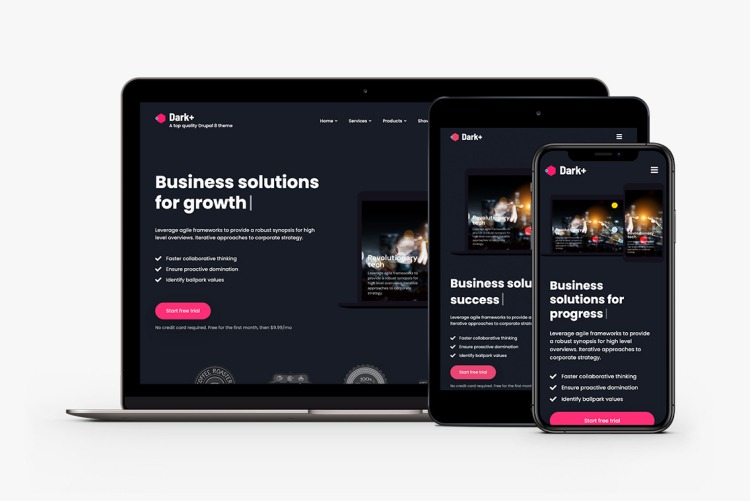 Dark+ Business for Drupal 10 is part of the Dark+ Family of theme distributions