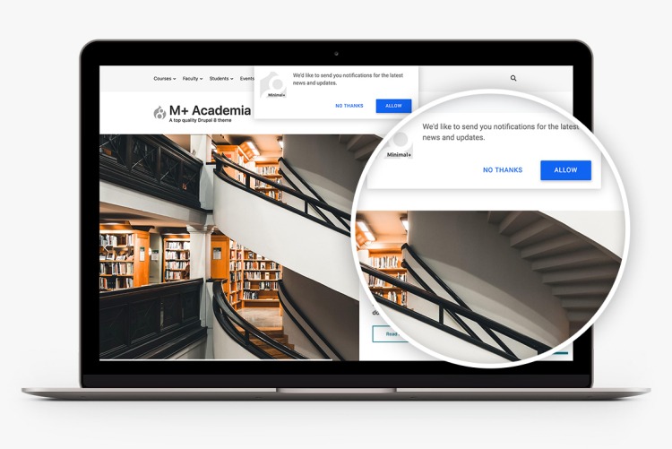Push notifications in Minimal+ Academia for Drupal 10